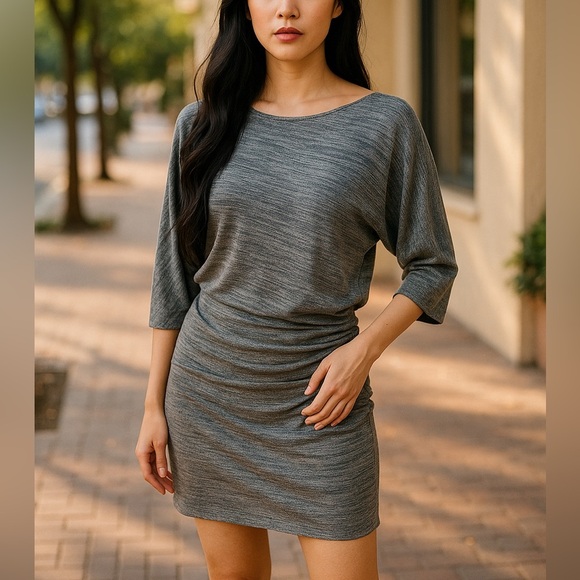 MAX STUDIO HEATHER GRAY KNIT SILVER METALLIC RUCHED BATWING SLEEVE DRESS SZ L - Picture 1 of 8